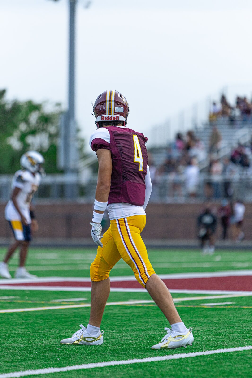 Quarterback standing on the field in front of a full set of bleachers before the snap