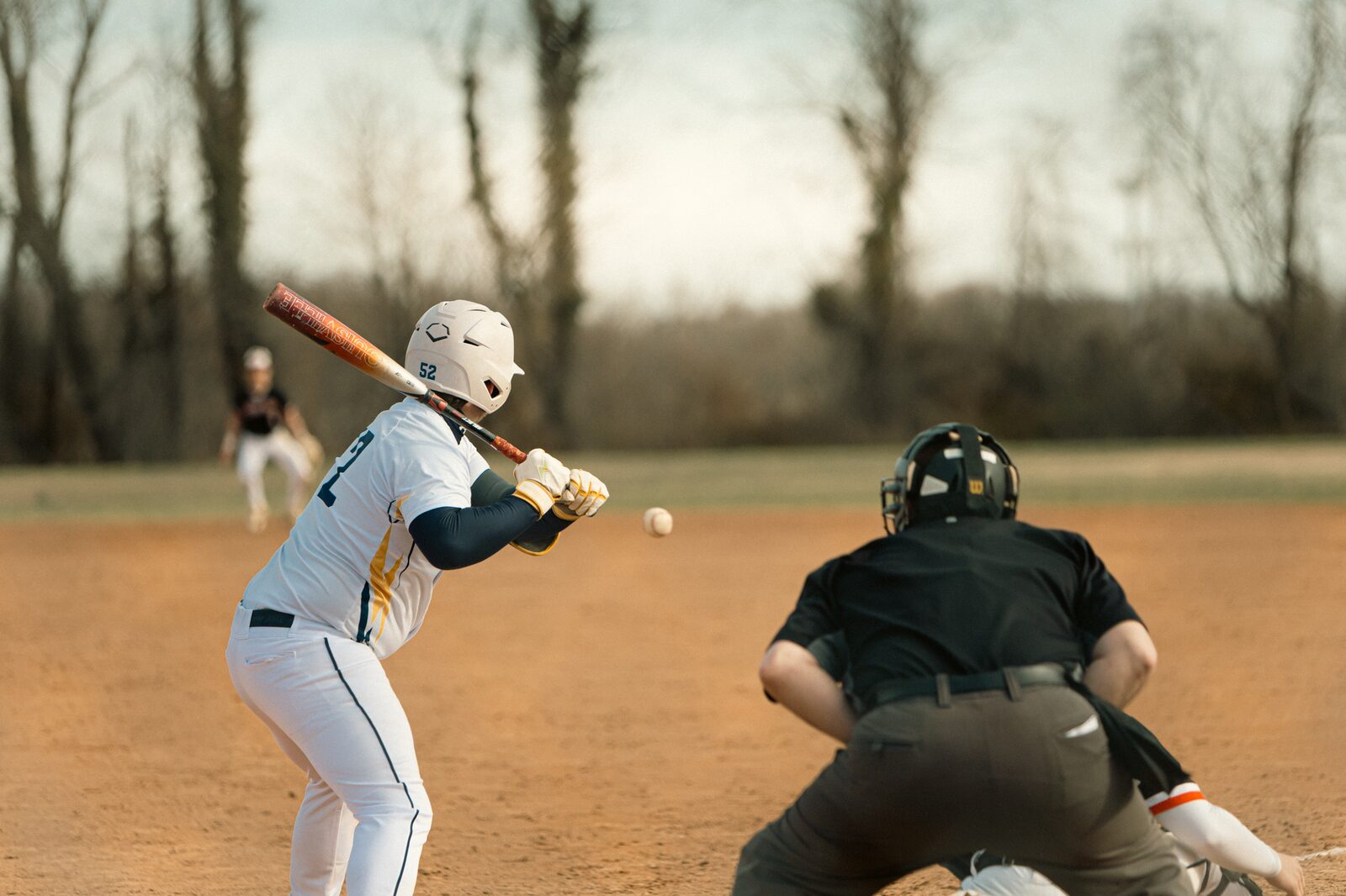 Batter squaring up at the plate with the catcher and umpire crouched behind him and the ball in flight